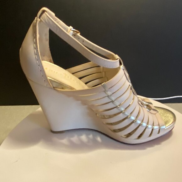 Cole Haan Nike Air Gold & Cream Leather Woven Wedge Sandals – Size 7B - Picture 4 of 16